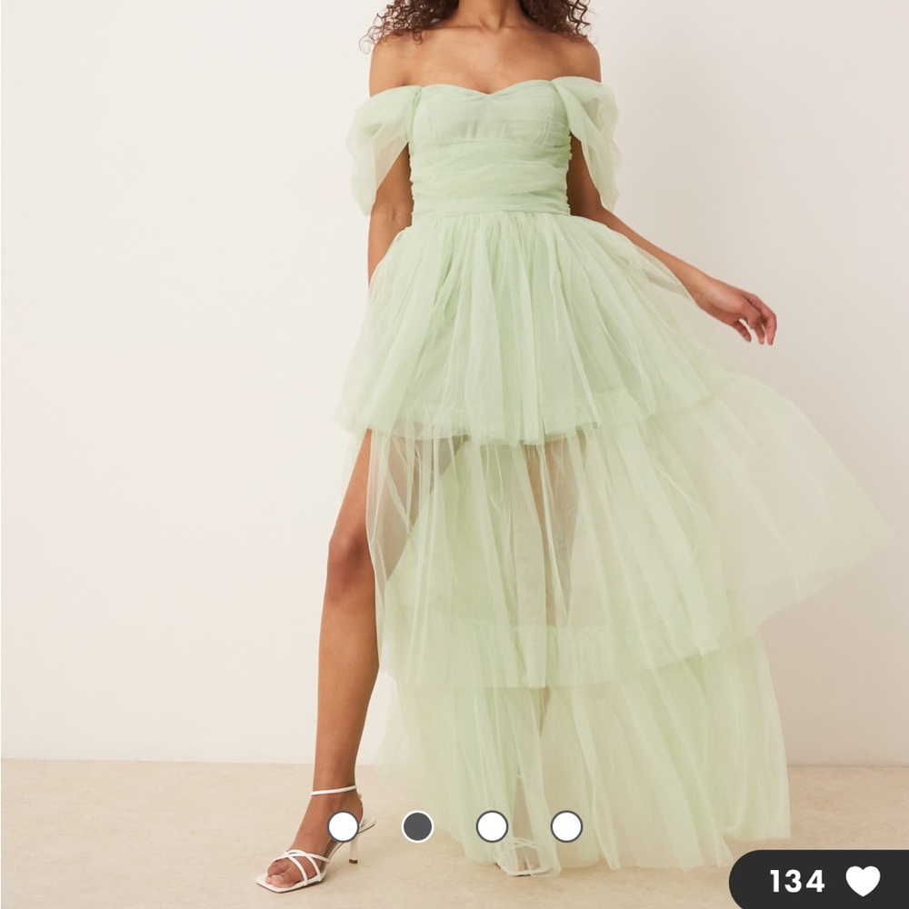Off-Shoulder Light Green Tulle Layered Maxi Dress